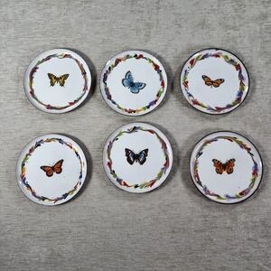 Vintage Brass and Enamel Butterfly Coaster Set Of 6 Cottagecore Boho Decor